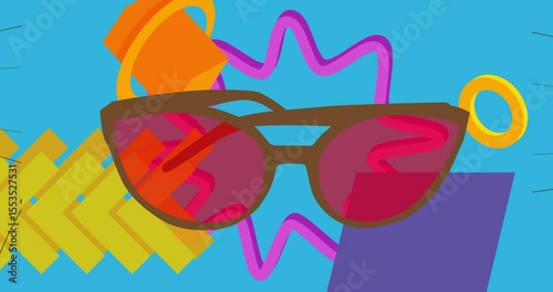 Sunglasses geometrical graphic retro Eyewear theme background video. Minimal geometric elements animation. Vintage abstract shapes illustration for advertising.
