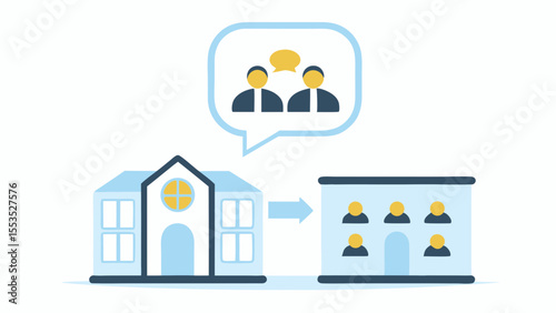 Building to building transfer with people in speech bubble and in both buildings image vector art