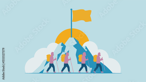 Group of hikers climbing a mountain towards a flag under a bright sun and cloudy skies view vector