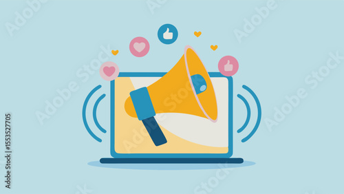 Laptop with a yellow megaphone and social media icons floating above it on a light blue background