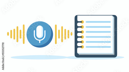 a microphone with sound waves and a notepad for voice to text conversion app