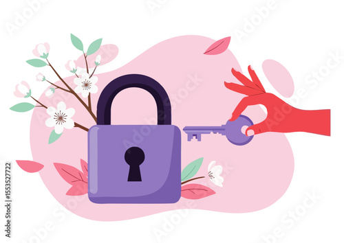 Hand unlocking a padlock with a key amidst blooming flowers, symbolizing security and personal access in a vibrant and modern design