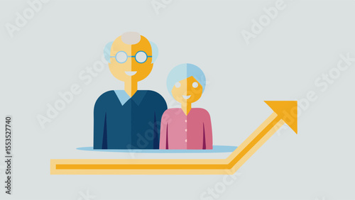elderly couple with upward trending arrow representing growth and positive trajectory ahead