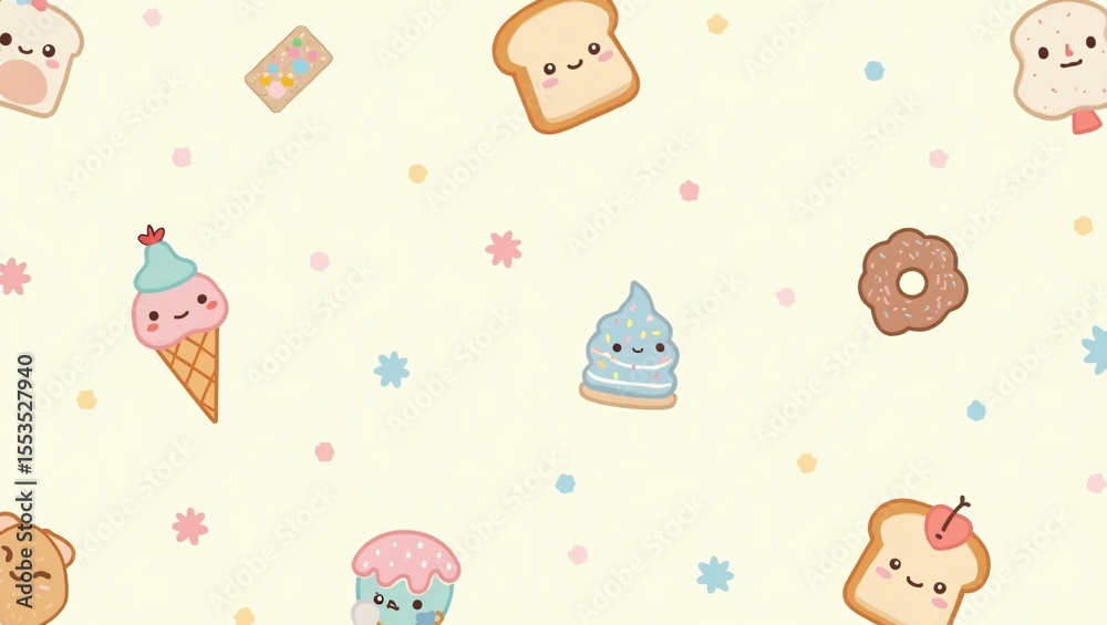 Fototapeta premium Charming kawaii food characters including toast ice cream cone cupcake and donut scattered on a pastel background