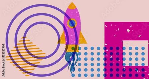 Risograph Rocketship with geometric shapes animation. Moving object in trendy riso graph design video.