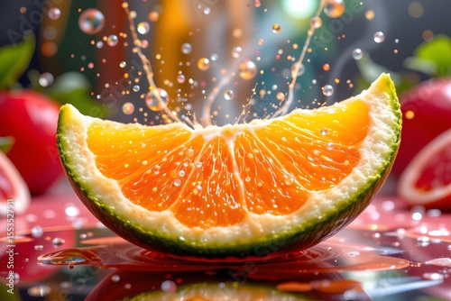 Citrus Burst: A vibrant orange slice explodes with freshness, releasing a cascade of juice and bubbles, showcasing a burst of flavor and vitality. 