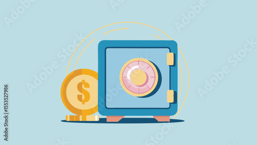 a blue safe with a dial and a gold coin on a light blue background design element