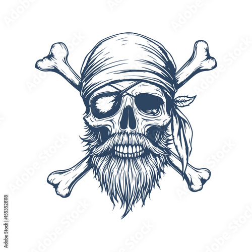 Vintage Pirate Skull with Beard, Eyepatch, and Crossed Bones. Hand Drawn Tattoo Style vector Illustration on White Background