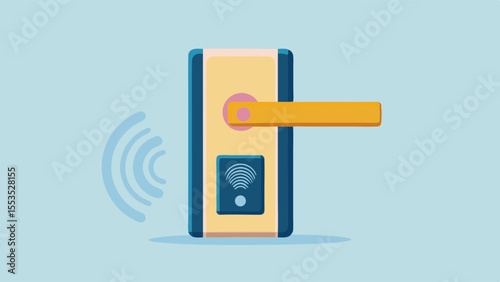 a smart door lock with wireless signal on a light blue background design view