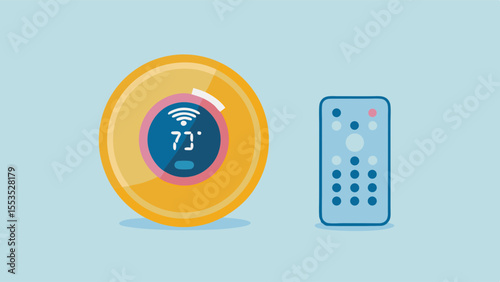 a smart thermostat displaying seventy three degrees and a remote control device next to it