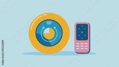 a yellow robot vacuum cleaner and a pink remote control on a light blue background