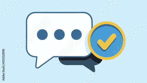 White speech bubble with three dots and a blue circle with a yellow check mark on a light blue background