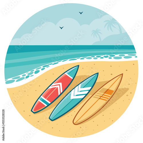 Three colorful surfboards standing upright in sand with transparent background, isolated beach surfboard illustration for summer, vacation, or water sports concepts

