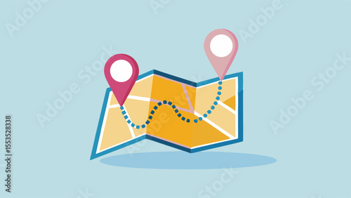 Illustrated map with pink location pins and a dotted route on a light blue background view