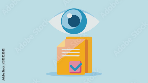 Eye watching over stack of documents with checkmark on light blue background image