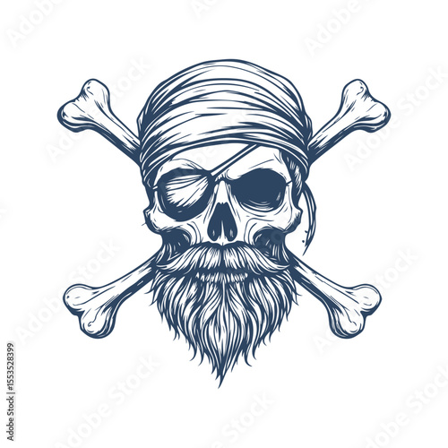 Vintage Pirate Skull with Beard, Eyepatch, and Crossed Bones. Hand Drawn Tattoo Style vector Illustration on White Background