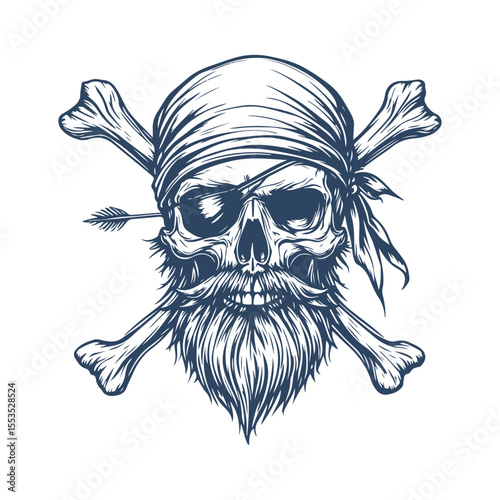Vintage Pirate Skull with Beard, Eyepatch, and Crossed Bones. Hand Drawn Tattoo Style vector Illustration on White Background