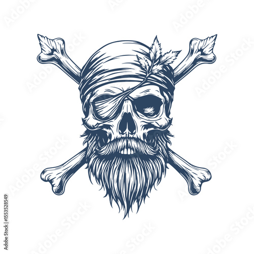 Vintage Pirate Skull with Beard, Eyepatch, and Crossed Bones. Hand Drawn Tattoo Style vector Illustration on White Background
