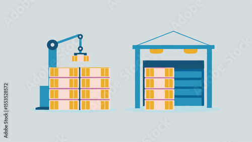 a warehouse with a robotic arm stacking boxes and a storage building with boxes inside