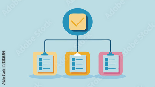 a workflow chart with a checkmark and three clipboards connected by lines