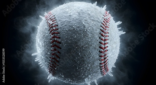 A close-up of a baseball covered in ice, with frost textures, ice crystals growing from the seams, and cold mist floating around. 