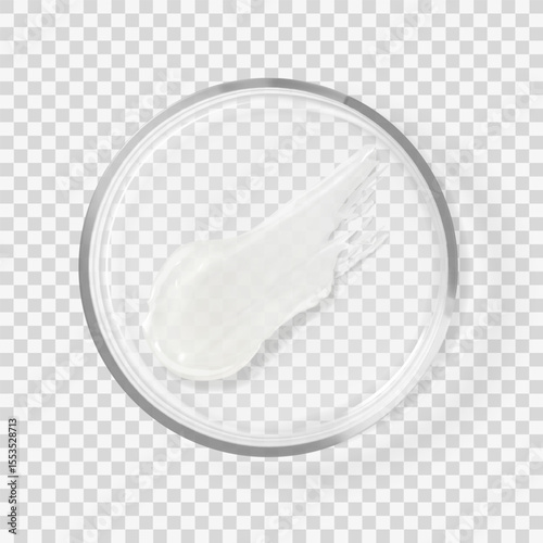 Clear transparent skincare stroke cosmetics beauty product smear on glass petri dish realistic isolated vector beauty product illustration. Concept cosmetics laboratory, beauty product research