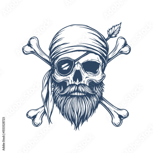 Vintage Pirate Skull with Beard, Eyepatch, and Crossed Bones. Hand Drawn Tattoo Style vector Illustration on White Background