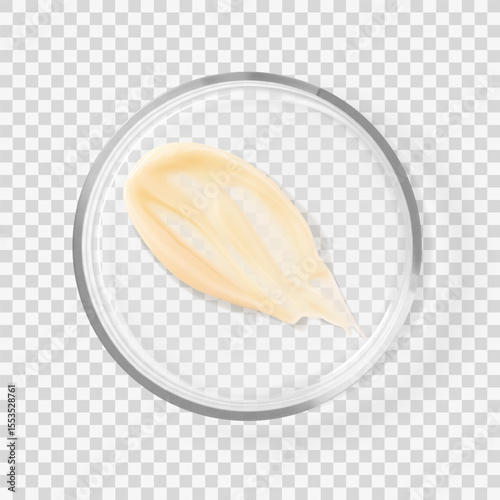 Skincare texture smear beige cosmetic cream on glass petri dish   realistic isolated vector beauty product illustration. Concept cosmetics laboratory, beauty product research