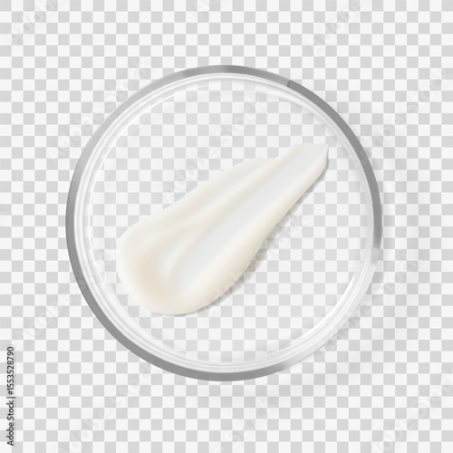 White moisturizer cream stroke skincare beauty product on petri dish isolated realistic vector illustration. Skin care cosmetic laboratory tests and research