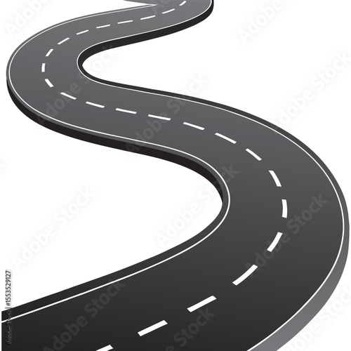 Isolated white lines curve along a long, winding asphalt road roadmap vector silhouette icon illustration
