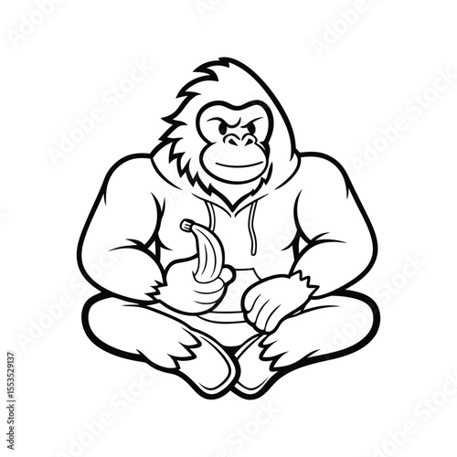 Strong gorilla sitting with banana wearing hoodie silhouette isolated on white background