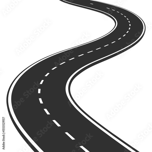 Isolated winding asphalt road with white lines for forward travel roadmap vector silhouette icon illustration