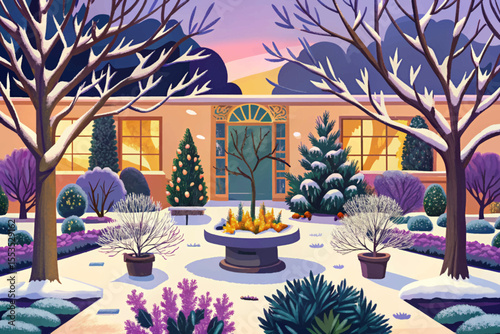 Winter garden featuring bare trees, snow-covered shrubs, and a peaceful, frosty landscape vector ideal for seasonal, nature, or holiday designs