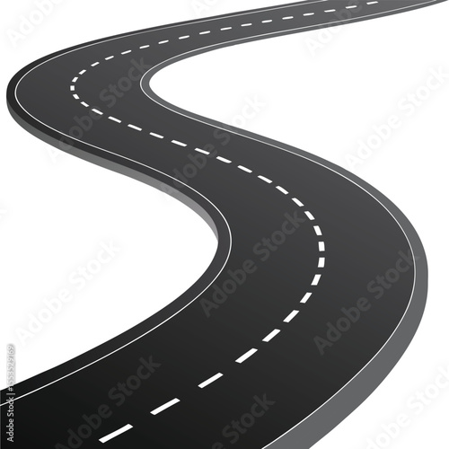 Winding 3D asphalt road with white lines, isolated on a white background, perfect for transportation design concepts roadmap vector silhouette icon illustration