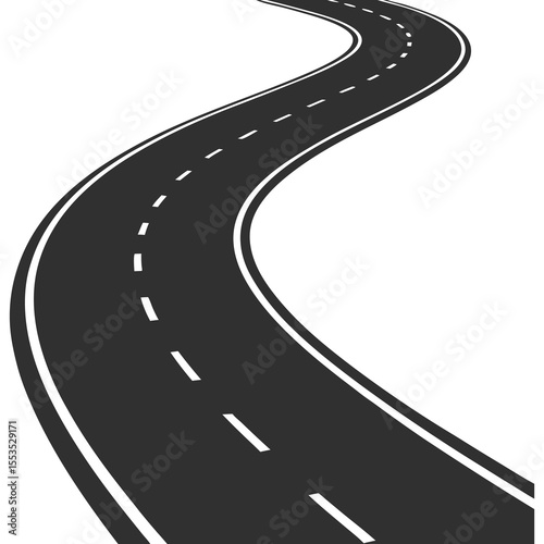 Winding asphalt road with white lines isolated on a white background, ready for your journey roadmap vector silhouette icon illustration