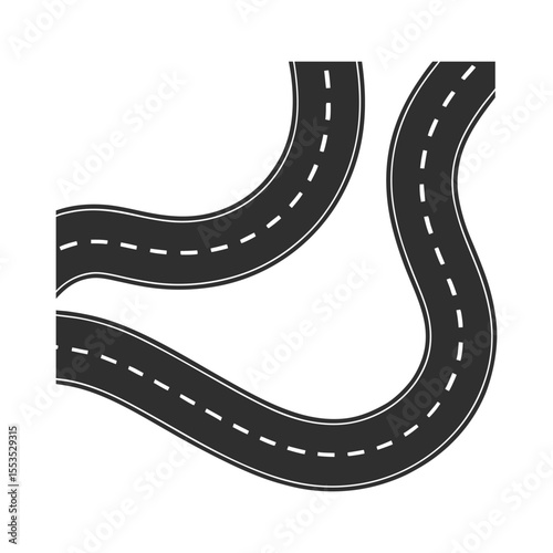 A golden horseshoe, a symbol of luck, lies isolated on an asphalt road with white lines roadmap vector silhouette icon illustration