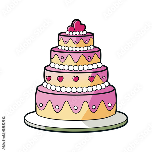 Stunning wedding cake with pink rose, strawberries, and decorative icing vector illustration isolated on white background