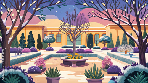 Winter garden featuring bare trees, snow-covered shrubs, and a peaceful, frosty landscape vector ideal for seasonal, nature, or holiday designs