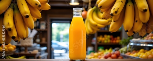 Fresh Fruit Juice: A refreshing view of a tall glass bottle of freshly squeezed juice, framed by vibrant bananas and an inviting market, a celebration of nature's bounty.