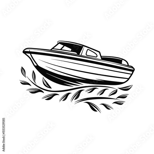 Stylish cabin boat profile silhouette isolated on white background