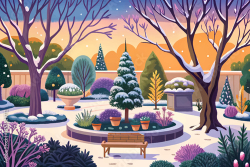 Winter garden featuring bare trees, snow-covered shrubs, and a peaceful, frosty landscape vector ideal for seasonal, nature, or holiday designs