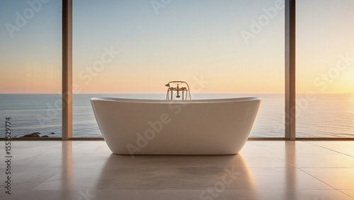 Elegant white tub facing a golden ocean sunset, surrounded by minimal, warm-toned flooring. Ideal for serene, luxurious bathroom scenes.