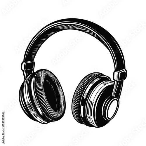Stylish headphones with circular ear cups silhouette isolated on white background