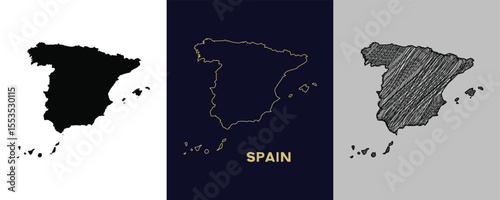 SPAIN Black, Gold, Sketch Map Vector Illustration Abstract Editable image