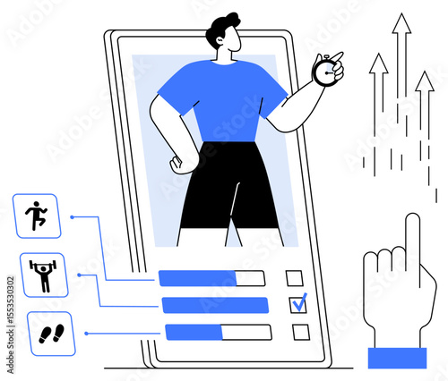 Man standing on mobile screen, fitness metrics icons, bar graphs, upward growth arrows, hand tapping screen. Ideal for fitness tracking, progress, app development, health growth interaction