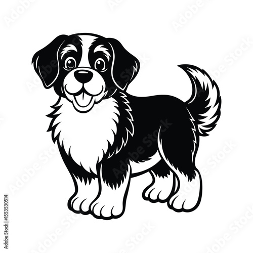 Stylized black and white Saint Bernard puppy illustration silhouette isolated on white background