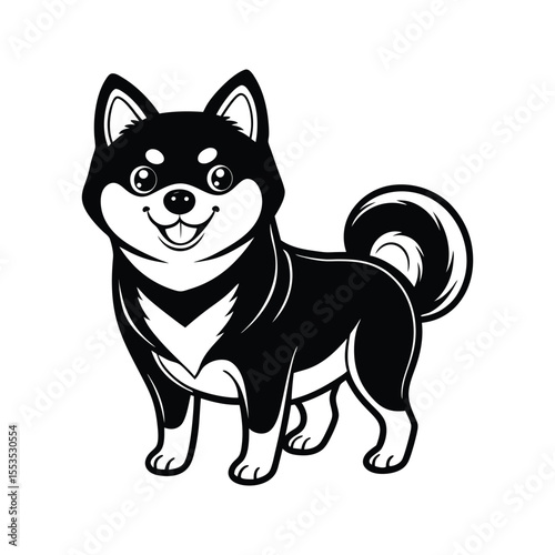 Stylized black and white shiba inu dog drawing silhouette isolated on white background