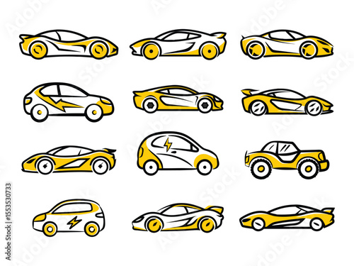Stylized car icons with yellow and black design showcasing various models vector illustration isolated on white background