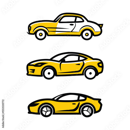 Stylized cars with yellow accents in a variety of designs vector illustration isolated on white background