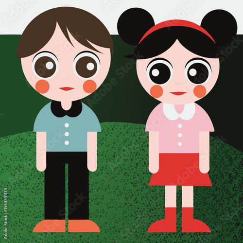 A boy and a girl. The boy, with brown hair, wears a blue shirt, black collar, black pants, and orange-brown shoes. The girl has black hair in buns with a red headband, wearing a pink shirt.